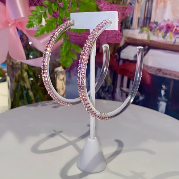 Large Oversized Clear Acrylic Hoop Earrings with Pink Swarovski Crystals - Picture 10 of 14